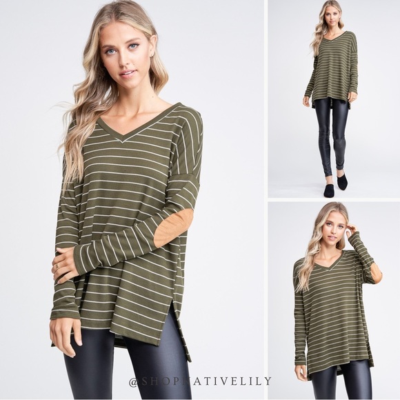 white birch Tops - NWT White Birch Striped Waffle Long Sleeve Top With Suede Elbow Patch, Olive